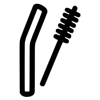 Yeniden kullanılabilen eğri büğrü bir pipet ve temizlik fırçasının, sıfır atık ve çevre dostu yaşam tarzını temsil eden basit bir siyah ve beyaz vektör simgesi.