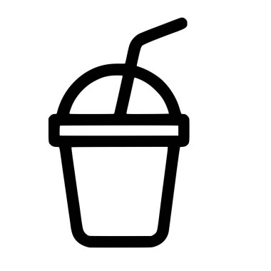 Tek kullanımlık bir içecek bardağının basit bir siyah beyaz çizimi. Bu vektör simgesi yuvarlak bir kapak ve eğri bir pipet içerir, smoothie veya milkshake için mükemmeldir.
