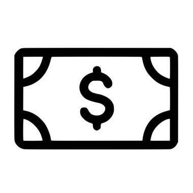Ortada dolar işareti olan bir banknotun minimalist siyah ana hatlı grafiği. Bu vektör simgesi beyaz arka plandaki nakit, ödeme, zenginlik ve ekonomik kavramları sembolize eder.