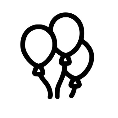 İpli üç balonu tasvir eden minimalist siyah beyaz bir simge. Bu basit taslak, parti ve kutlama temaları için mükemmel..