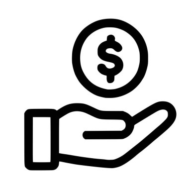 Minimalist siyah-beyaz bir simge bir dolar işareti ile bozuk para tutan bir el gösteriyor. Bu sembol ödeme, gelir, maaş, tasarruf ve mali işlemleri temsil etmektedir.