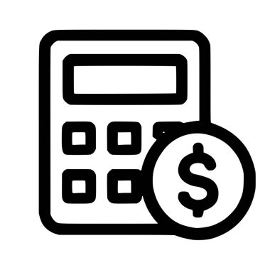 Bir hesap makinesi ve bir dolar işaretli madeni para içeren minimalist bir siyah çizgi ikonu, finansal planlama, muhasebe, tasarruf ve ekonomik hesapları sembolize ediyor. Beyaz bir arkaplanda izole edilmiş.