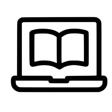 Çevrimiçi öğrenmeyi ya da dijital kütüphaneyi temsil eden basit bir çizgi sanat simgesi. Bilgi ve teknolojiyi sembolize eden açık bir kitap dizüstü bilgisayar ekranında sergileniyor.