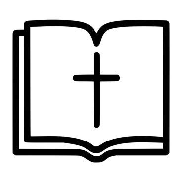 Önemli bir Hıristiyan haçı içeren açık bir kitabın minimalist bir temsili. Bu basit çizgi sanat ikonu kutsal İncil 'i, inancı ve dini çalışmayı temsil ediyor..