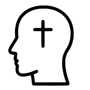 Hristiyan inancı, inancı ve dini düşünceyi temsil eden minimalist bir siyah çizgi ikonu. Sembol beyaz bir arka planda insan kafasının siluetinde bir haç gösteriyor..