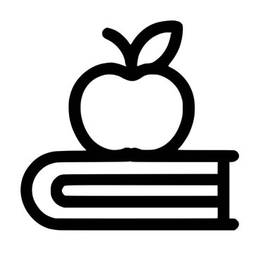 Kapalı bir kitabın üzerinde duran bir elmayı tasvir eden minimalist siyah beyaz çizgi ikonu. Bu basit grafik eğitimi, bilgiyi, eğitimi, okulu ve öğretimi sembolize eder..