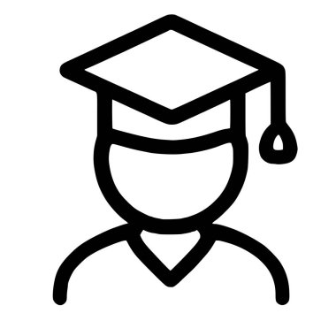 Mezuniyet şapkası takan birinin minimalist siyah çizgi ikonu. Bu sembol bir öğrenciyi, mezuniyeti, akademik başarıyı ve yüksek eğitimi temsil ediyor..
