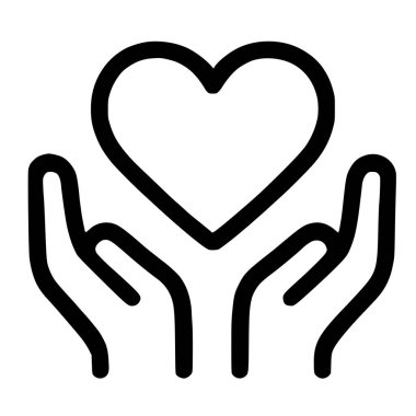 Minimalist bir vektör grafiği, bir kalbi nazikçe tutan iki avuç içini gösteriyor. Bu simge yardım, bağış, sevgi, destek ve sağlık hizmetleri gibi kavramları temsil ediyor.