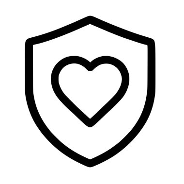 Kalkanın içine iliştirilmiş bir kalp sembolünü gösteren minimalist bir siyah beyaz vektör simgesi, aşkı, bakımı, sağlık sigortasını ve güvenliği simgeliyor..