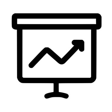 Bir kürsüdeki sunum ekranının minimalist vektör simgesi, yukarı doğru ok ile çizgi grafiğini gösteren, büyümeyi, başarıyı ve finansal ilerlemeyi simgeleyen.