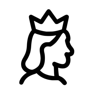 Profil görünümlü bir kraliçenin minimalist siyah beyaz çizgisi. Basit simge, logolar, semboller veya piktogramlar için uygun bir kraliyet tacına sahiptir..