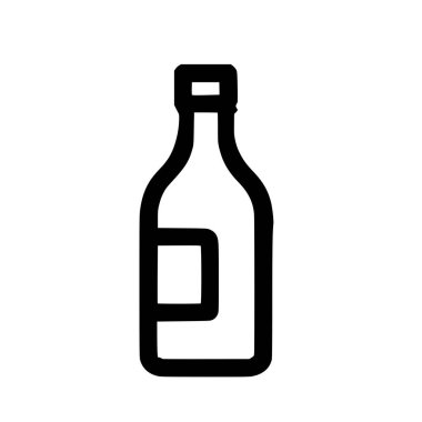Şarap veya içkiye uygun bir şişe tasvir eden temiz ve basit bir vektör grafik ikonu. Tasarım düz beyaz arkaplan üzerinde kare etiketli koyu siyah bir anahat içerir..