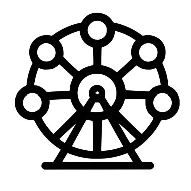 Dönme dolabı tasvir eden minimalist siyah bir taslak. Grafikte, yolcu kabinleri ve beyaz arka planda izole edilmiş destek tabanı olan dairesel bir yapı yer alıyor..