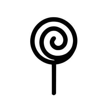 Çubukta dönen lolipopun minimalist bir simgesi. Bu düz, siyah ve beyaz vektör grafiği beyaz bir zemin üzerinde izole edilmiştir..
