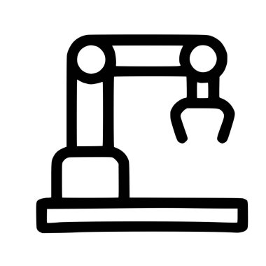 Robot kolun minimalist vektör çizimi. Bu basit siyah çizgi ikonu endüstriyel otomasyon, teknoloji ve modern imalatı temsil eden bir mekanik pençeye sahiptir..