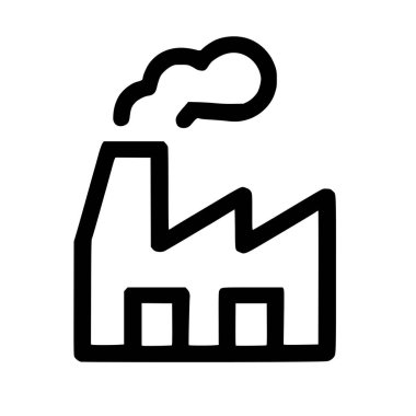 Endüstriyel bir fabrikanın minimalist vektör ikonu. Grafikte, üretim, üretim ve kirliliği sembolize eden dumanlı bir baca bulunuyor..
