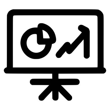 Bir turta grafiği ve yükselen bir çizgi grafiğini gösteren basit bir siyah çizgi simgesi, iş analizlerini, verileri ve başarıyı simgeliyor.