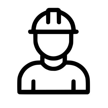 Güvenlik kaskı takan bir insanın minimalist siyah beyaz çizgi ikonu. Bu basit vektör grafiği bir inşaat işçisi, mühendis veya endüstriyel işçiyi temsil ediyor.