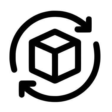 Ürün dönüşünü, değiş tokuşunu veya sürekli teslimat döngüsünü temsil eden basit bir siyah çizgi simgesi. Bir küp, lojistik ve ekomünikasyon hizmetlerini sembolize eden iki dönen okla çevrilidir..