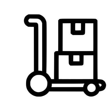 Minimalist siyah çizgili bir el arabası ya da iki karton kutu taşıyan bir kukla. Bu sembol lojistik, nakliye, teslimat ve taşıma hizmetlerini temsil etmektedir..