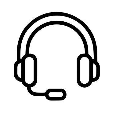 Kulaklık ve mikrofon takılı, iletişimi, müşteri hizmetlerini, çağrı merkezlerini veya çevrimiçi oyun merkezlerini sembolize eden minimalist bir siyah hat simgesi..