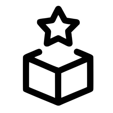 Açık bir küp veya kutunun üzerinde yüzen beş köşeli bir yıldızı gösteren basit bir siyah çizgi resim ikonu. Özel bir ürün, yeni gelen, özel bir ürün ya da hediye sunar..