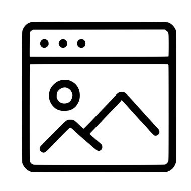 Bir uygulama veya web tarayıcı penceresi çerçevesinde görüntülenen resim, fotoğraf veya dijital grafik dosyasını temsil eden basit bir siyah ve beyaz ana hat vektör simgesi.