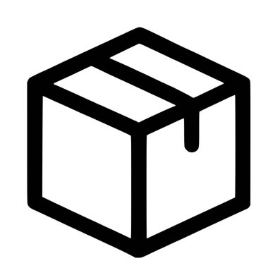 Kapalı bir karton paket veya paketin minimalist bir vektör grafiği, beyaz arka planda lojistik ve e-ticareti sembolize eden koyu siyah çizgilerle tasvir edilmiştir..