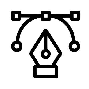 Beyaz bir arkaplanda izole edilmiş, çapa noktaları ve kontrol kulpları ile vektör yolları ve şekiller oluşturmak için grafik tasarım yazılımında kullanılan dijital kalem aracının basit bir siyah ana hatlı simgesi.
