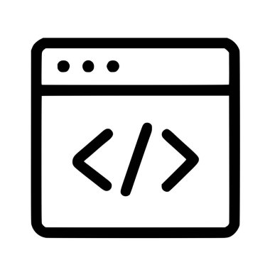 Bir tarayıcıyı veya uygulama penceresini içinde kod etiketi sembolü olan basit bir siyah ana hat simgesi. Program, web geliştirme, yazılım ve teknolojiyi temsil eder.