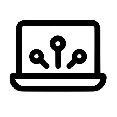 Dijital anahtar sözcükleri, çevrimiçi güvenliği, şifre erişimini ve veri koruma kavramlarını temsil eden üç anahtar sembolü gösteren basit bir bilgisayar dizüstü bilgisayarının ana hatlı simgesi.