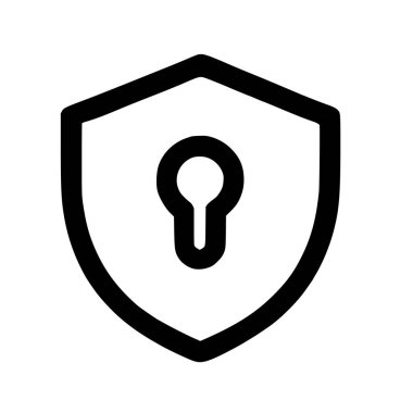 Anahtar delikli bir kalkanın basit bir çizgi sanat simgesi, veri güvenliğini, gizliliği, güvenliği ve çevrimiçi korumayı simgeliyor. Beyaz bir arkaplanda izole edilmiş.