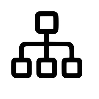 Bir hiyerarşik yapıyı tasvir eden basit bir siyah çizgi simgesi. Tek bir üst düğüm, organizasyonu, akış şemasını veya bir durum haritasını sembolize eden üç alt düğüme bağlanır..