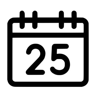 A clean and modern calendar icon with the number twenty-five. This outline style symbol represents a specific day, date, event, or deadline. Isolated on a white background.