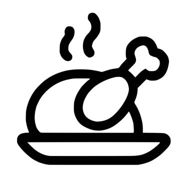 A minimalist vector illustration of a whole cooked chicken or turkey. The steaming hot bird is served on a platter, depicted in a simple black outline style on a white background.