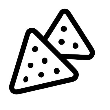A minimalist graphic illustration of two triangular nacho chips. This simple black and white food icon represents snacks, appetizers, and Mexican cuisine.