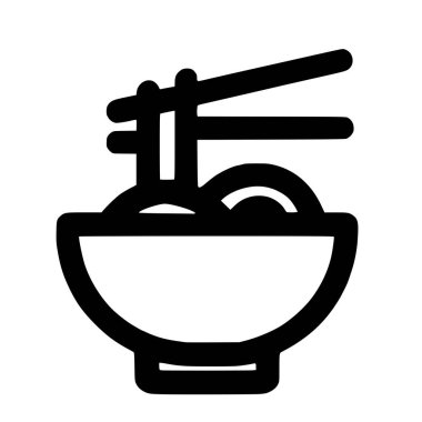 Minimalist vector graphic of a bowl of noodles with chopsticks. A simple icon representing Asian cuisine, ramen, soup, and restaurants. Isolated on a white background.