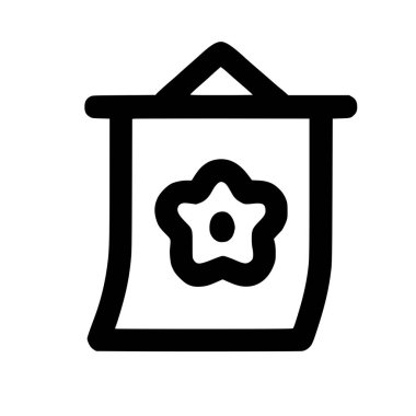 A simple black outline icon of a hanging scroll or banner featuring a five-petal flower with a star in the center. Minimalist graphic design element isolated on a white background.