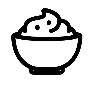 İçinde kıvrımlı, kremsi bir madde bulunan basit, koyu siyah bir kâse çizimi. Bu minimalist vektör grafik simgesi temiz beyaz bir arkaplan üzerinde izole edilmiştir, web veya uygulama tasarımı için mükemmeldir.