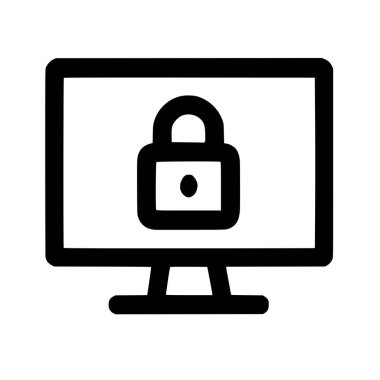 A simple black line icon of a computer monitor displaying a locked padlock. This symbol represents cybersecurity, data protection, secure access, and digital privacy on a white background.