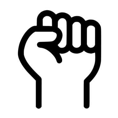 A simple black outline icon of a raised, clenched fist. This powerful gesture is a universal symbol for solidarity, strength, revolution, and social justice movements.