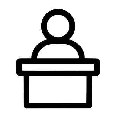Kürsünün arkasında duran birinin basit bir siyah-beyaz vektör simgesi. Bu minimalist grafik halka hitap, sunumlar, konferanslar ve konferansları temsil ediyor..
