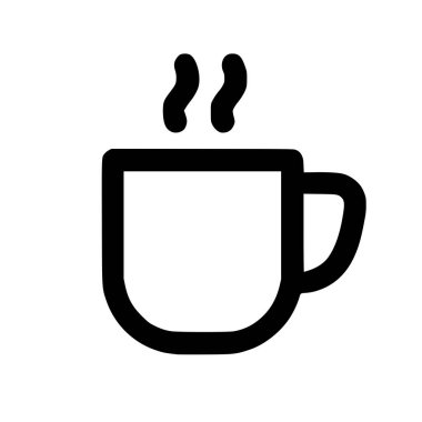 Bir fincan sıcak kahve ya da çay tasvir eden minimalist siyah ve beyaz vektör ikonu. Basit, kalın çizgiler, beyaz bir arka planda izole edilmiş, iki dalgalı buhar çizgisi olan bir kupayı gösteriyor..