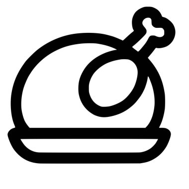 Tabakta servis edilen kızarmış tavuk ya da hindinin minimalist siyah beyaz çizgi ikonu. Bu basit vektör grafiği beyaz bir zemin üzerinde izole edilmiş, bir öğün veya akşam yemeğini temsil ediyor..