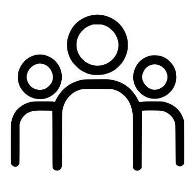 A minimalist black line art icon showing three abstract human figures. The central figure is larger, representing leadership or a parent, symbolizing a team, family, or social group.