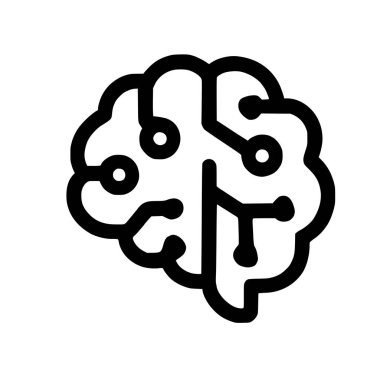 Bir minimalist çizgi ikonu entegre elektronik devrelerle insan beyni tasvir eder, yapay zekayı, makine öğrenmesini ve dijital zihni sembolize eder..