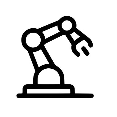 Endüstriyel imalat, otomasyon ve teknolojide kullanılan eklemli robotik kolun basit bir siyah çizgi simgesi. Tasarım için beyaz bir arkaplanda izole.