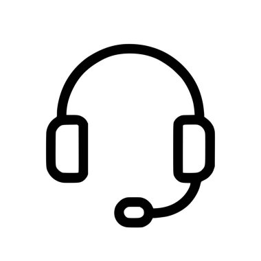 A simple black outline icon of a headset with an attached microphone, symbolizing customer support, telemarketing, or online gaming. Isolated on a white background.