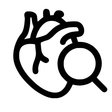 İnsan kalbinin basit bir siyah çizgi simgesi büyüteçle inceleniyor, tıbbi teşhisi, kardiyovasküler taramayı ve sağlık analizini sembolize ediyor..