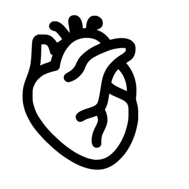 Anatomik bir insan kalbinin minimalist siyah beyaz çizimi. Bu basit simge beyaz bir arkaplanda izole edilmiştir, tıbbi, sağlık ve kardiyoloji kavramları için mükemmeldir..